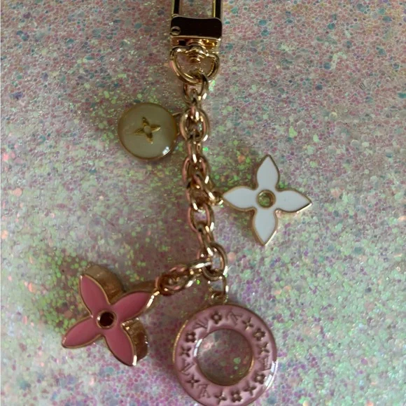 Upcycled LV Pink and White Flower Charm Keychain or bag charm - Picture 1 of 1